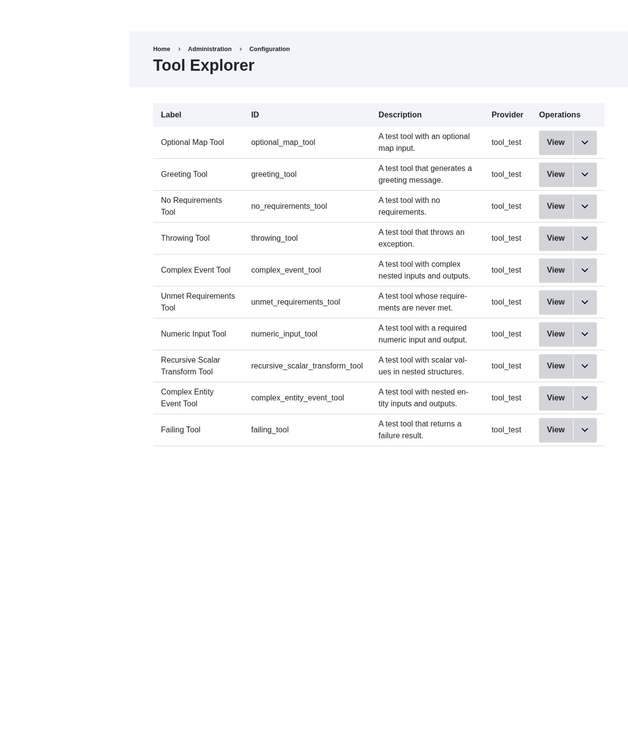 The Tool Explorer list, showing registered tools with their ID, description, and provider.