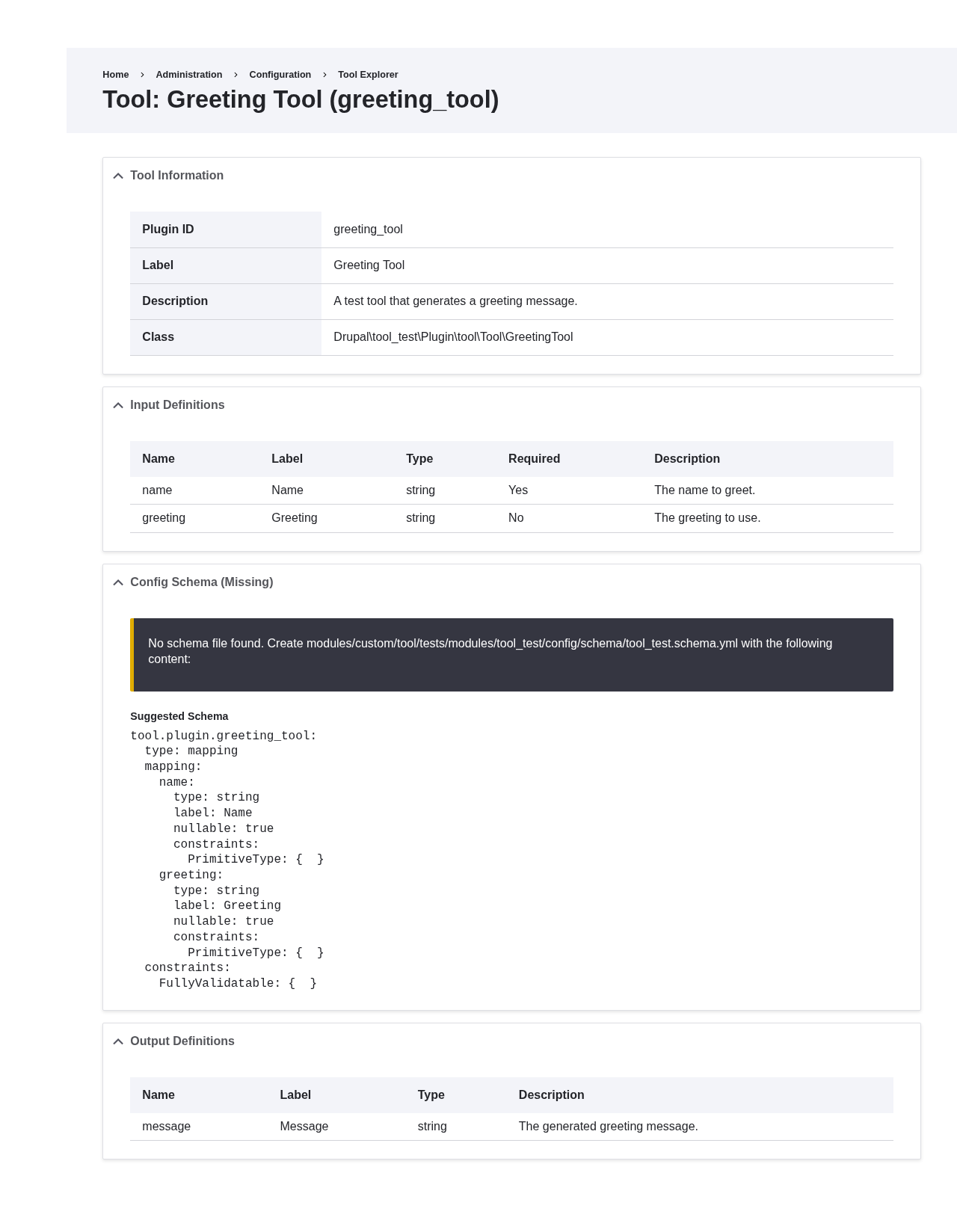 The View page for the Greeting Tool, listing tool information, input and output definitions, and a suggested config schema.